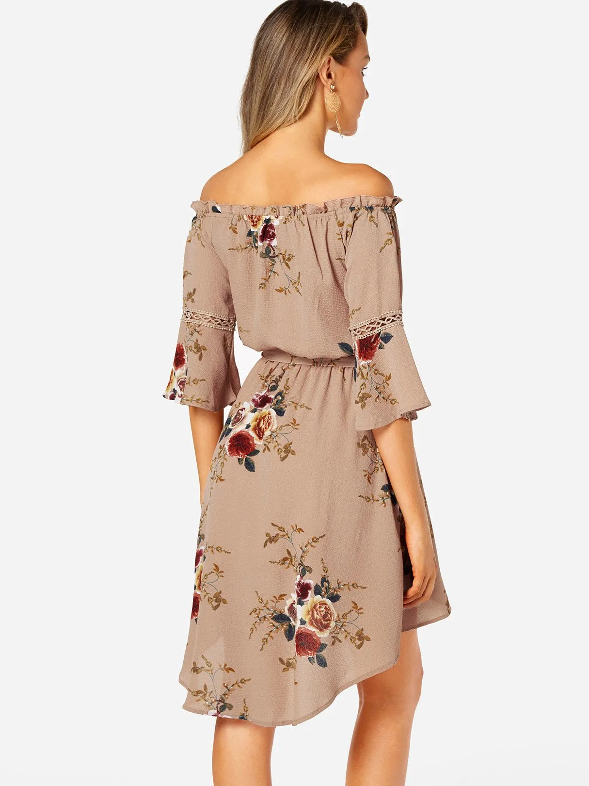 Apricot Off The Shoulder Half Sleeve Floral Print Irregular Hem Dresses