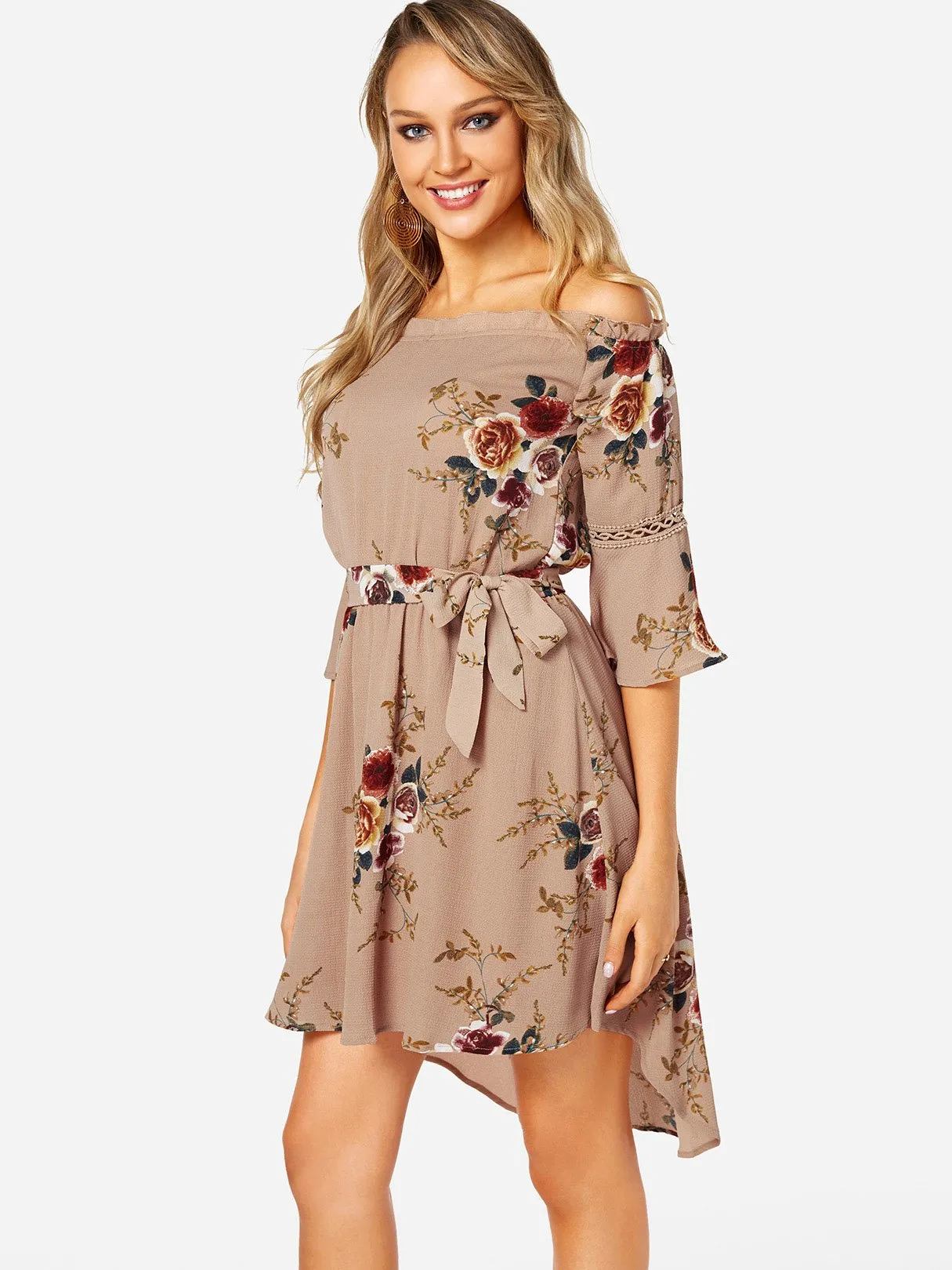 Apricot Off The Shoulder Half Sleeve Floral Print Irregular Hem Dresses