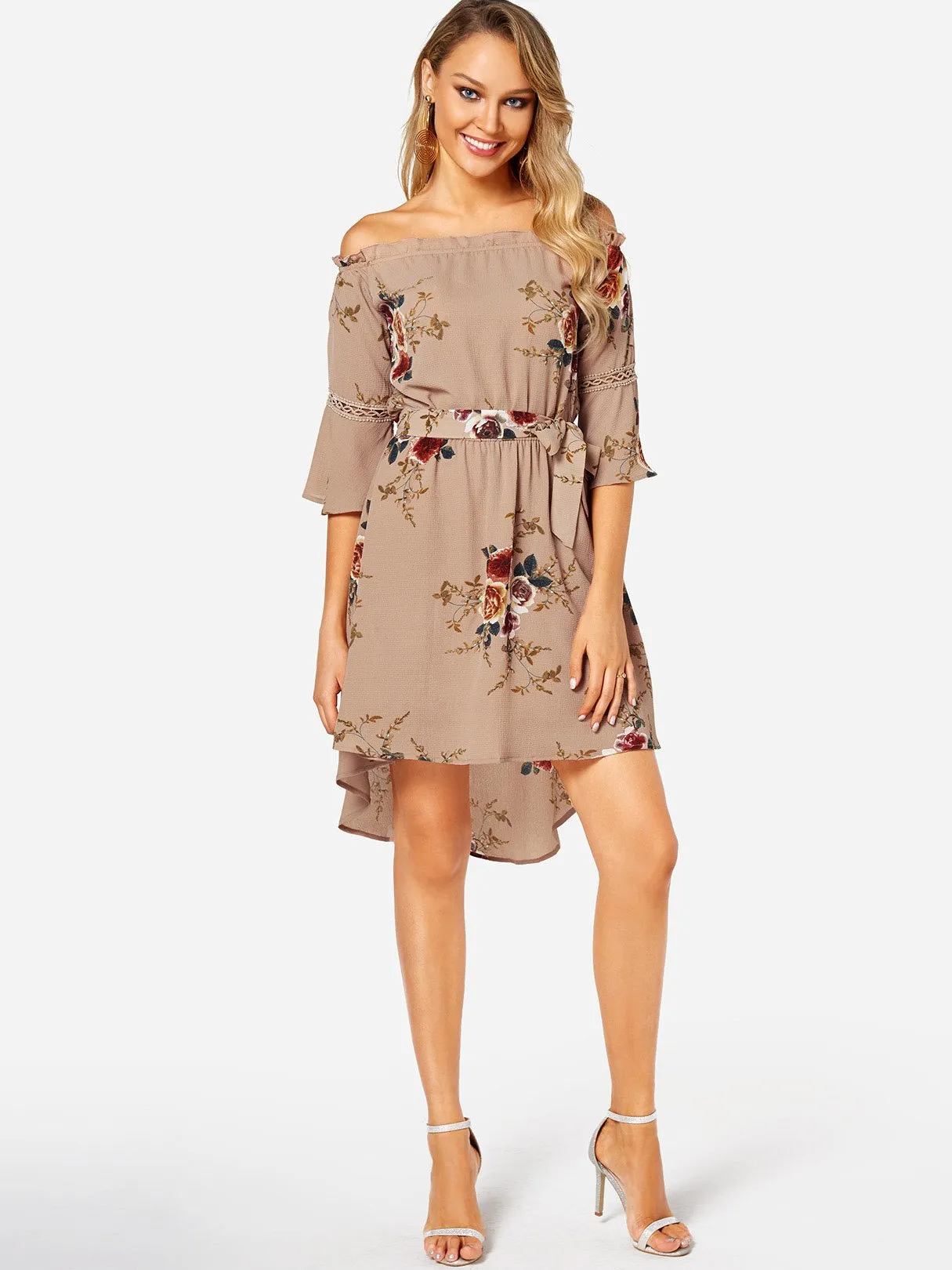 Apricot Off The Shoulder Half Sleeve Floral Print Irregular Hem Dresses