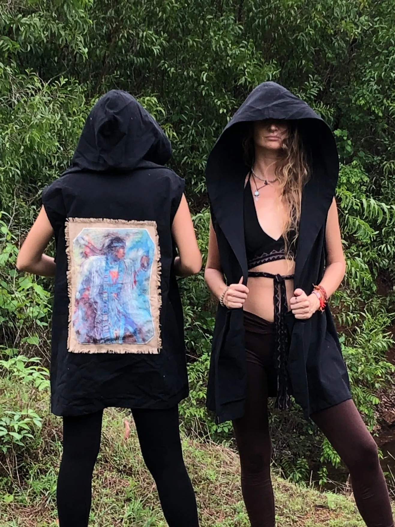 Black hooded jacket with tribal print