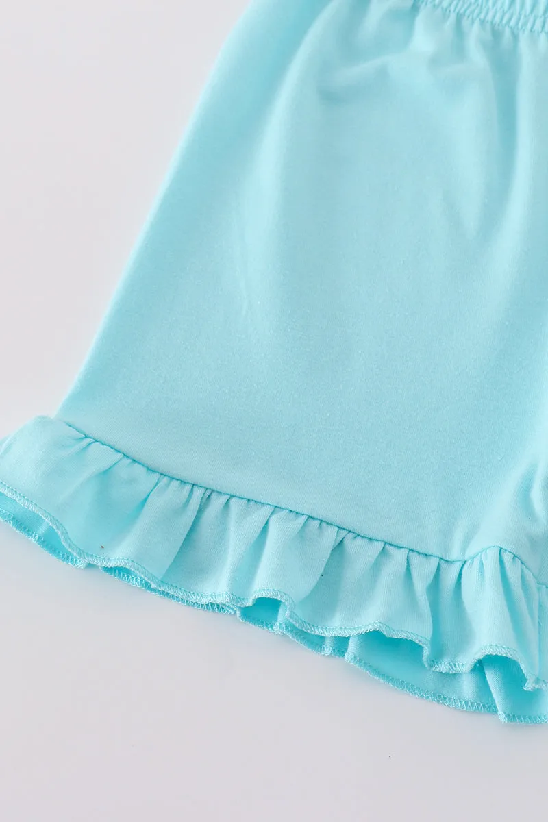Blue character print ruffle girl set