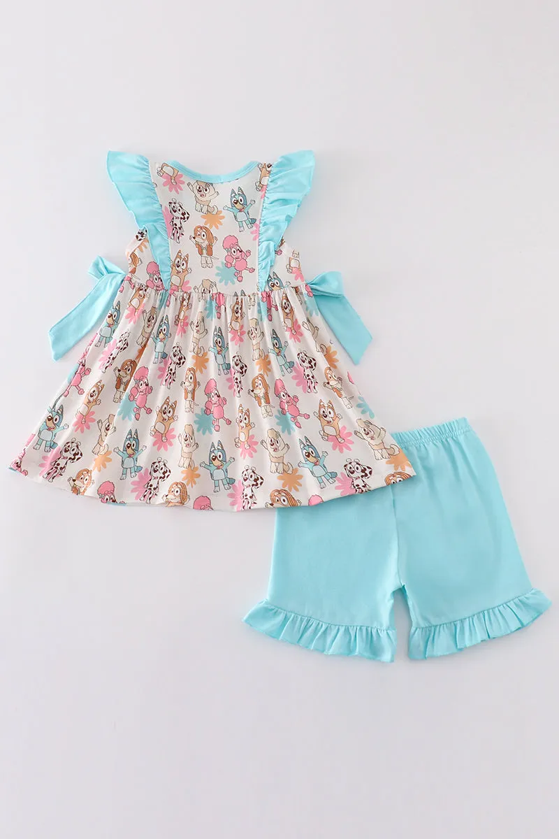 Blue character print ruffle girl set