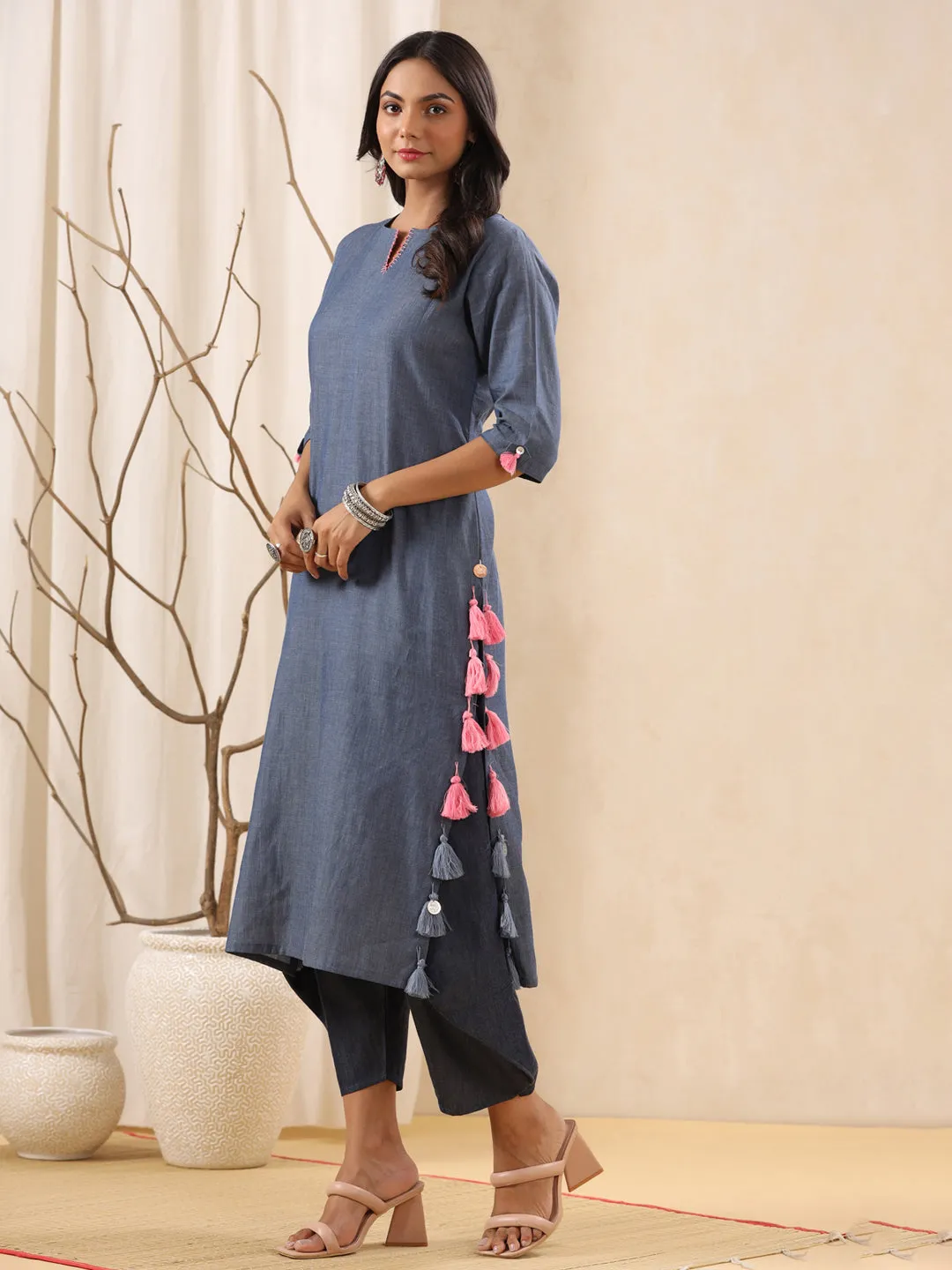Blue Trendy Straight Cotton Kurta Only