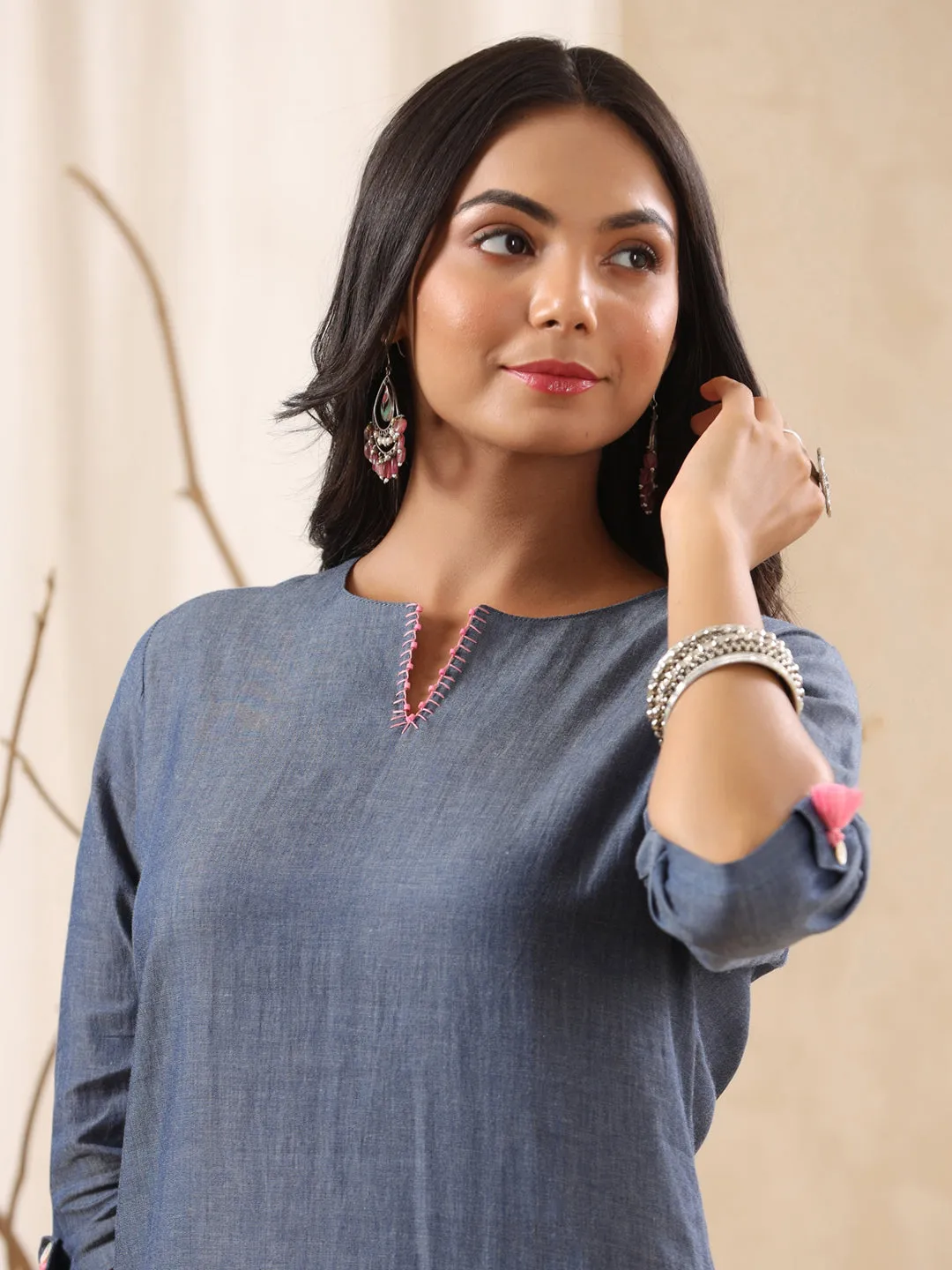Blue Trendy Straight Cotton Kurta Only