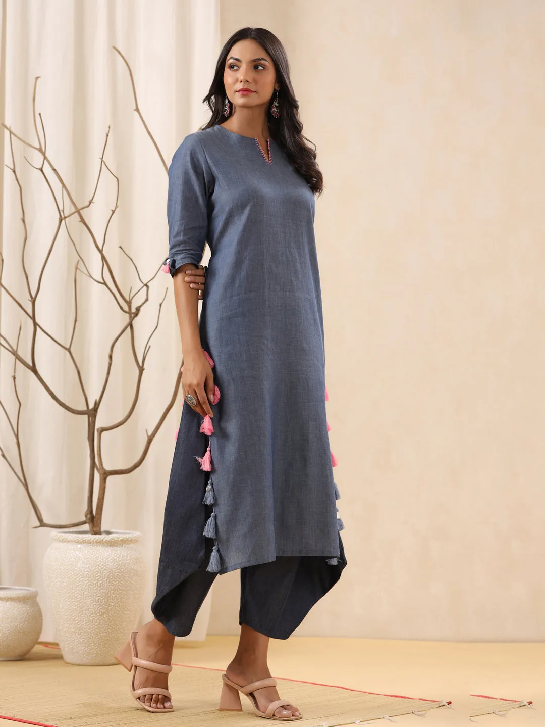 Blue Trendy Straight Cotton Kurta Only