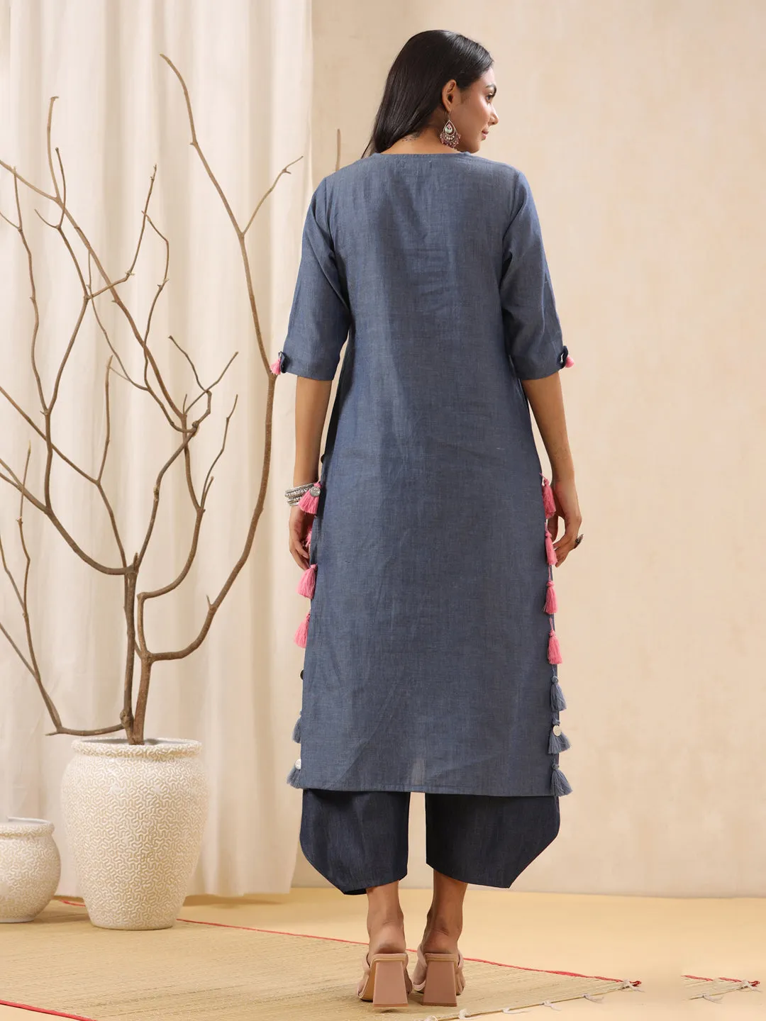 Blue Trendy Straight Cotton Kurta Only
