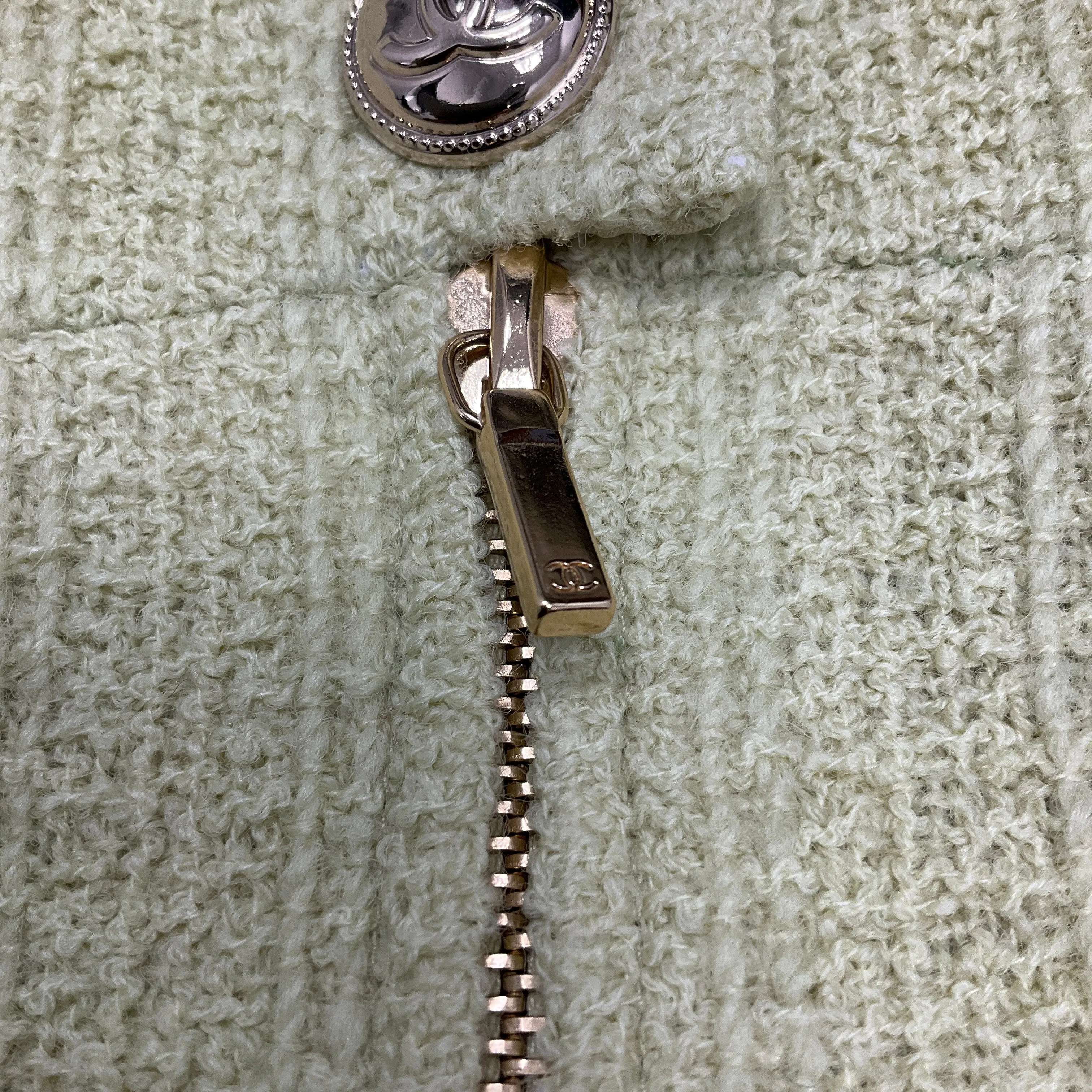 Chanel Lime / Gold CC Logo Button Zip-front Tweed Skirt