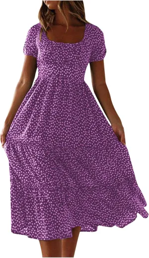 Chiffon Dresses for Women,Summer Polka Dot Sundress Ruffle Short Sleeve Square Neck Empire Waist Party Midi Dress
