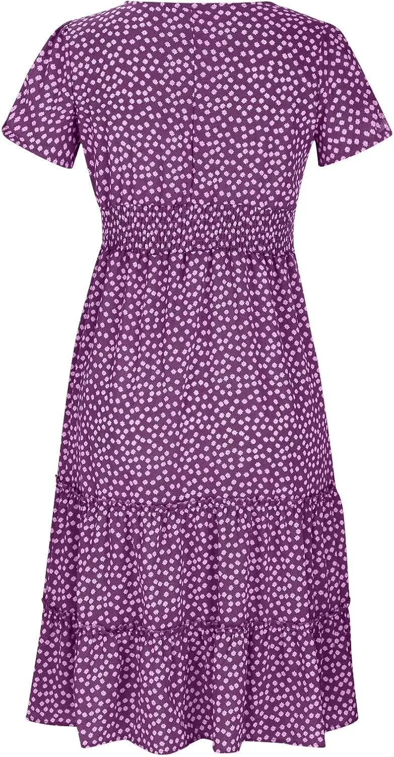 Chiffon Dresses for Women,Summer Polka Dot Sundress Ruffle Short Sleeve Square Neck Empire Waist Party Midi Dress