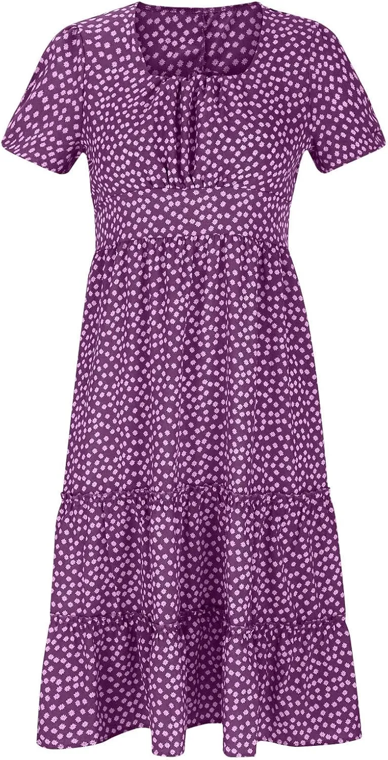 Chiffon Dresses for Women,Summer Polka Dot Sundress Ruffle Short Sleeve Square Neck Empire Waist Party Midi Dress