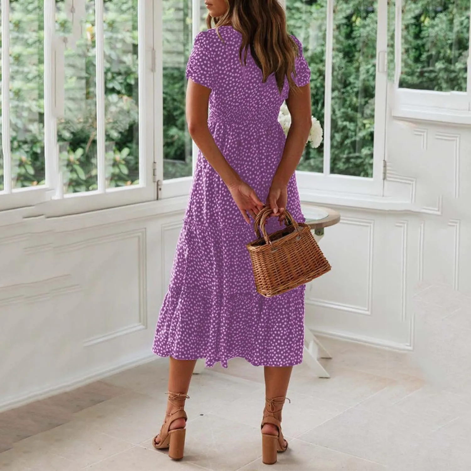 Chiffon Dresses for Women,Summer Polka Dot Sundress Ruffle Short Sleeve Square Neck Empire Waist Party Midi Dress