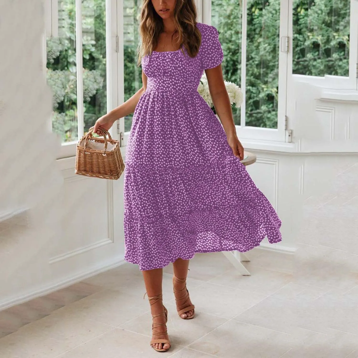 Chiffon Dresses for Women,Summer Polka Dot Sundress Ruffle Short Sleeve Square Neck Empire Waist Party Midi Dress