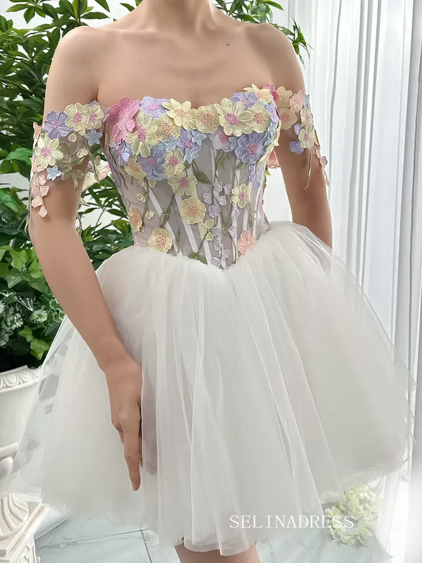 Corset 3D Floral Short Prom Dress with Removable Sleeve Off Shoulders Homecoming Dress EWR406
