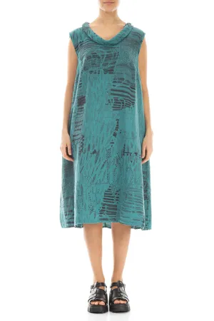 Cowl Neck Turquoise Serenity Linen Midi Dress