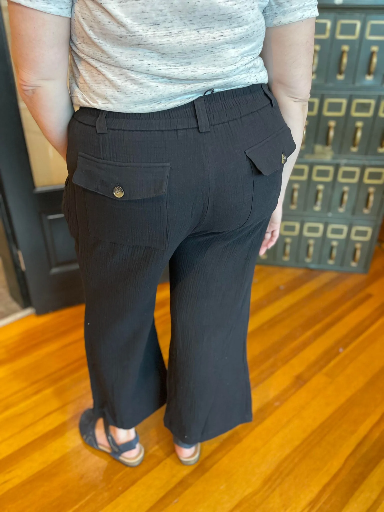 CROPPED COTTON WIDE LEG CREPE PANTS GREEN AND BLACK S-3X