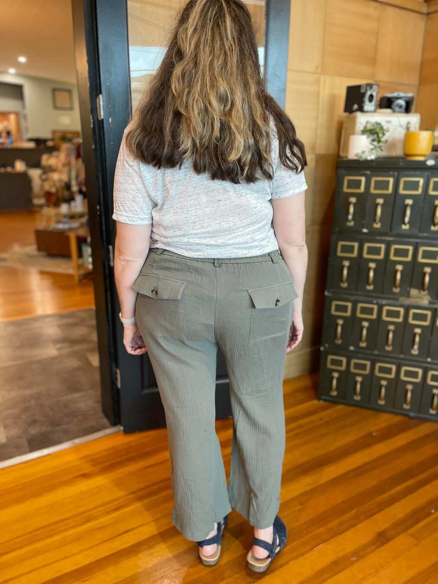 CROPPED COTTON WIDE LEG CREPE PANTS GREEN AND BLACK S-3X