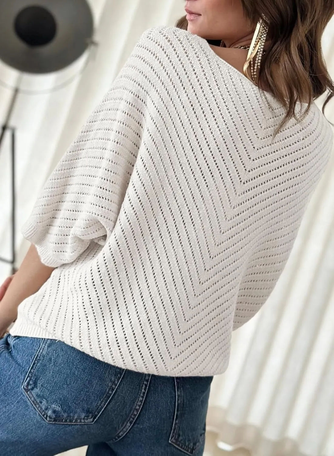 Dokotoo Women's 2025 Summer Spring Casual 3/4 Sleeve Solid Color V Neck Loose Pullover Knit Fall Sweaters Tops