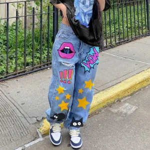European and American Style Autumn New Fashion Women's Low-Rise Retro Print Slim Fit Straight-Leg Denim Pants