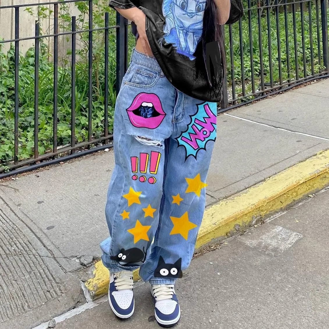 European and American Style Autumn New Fashion Women's Low-Rise Retro Print Slim Fit Straight-Leg Denim Pants