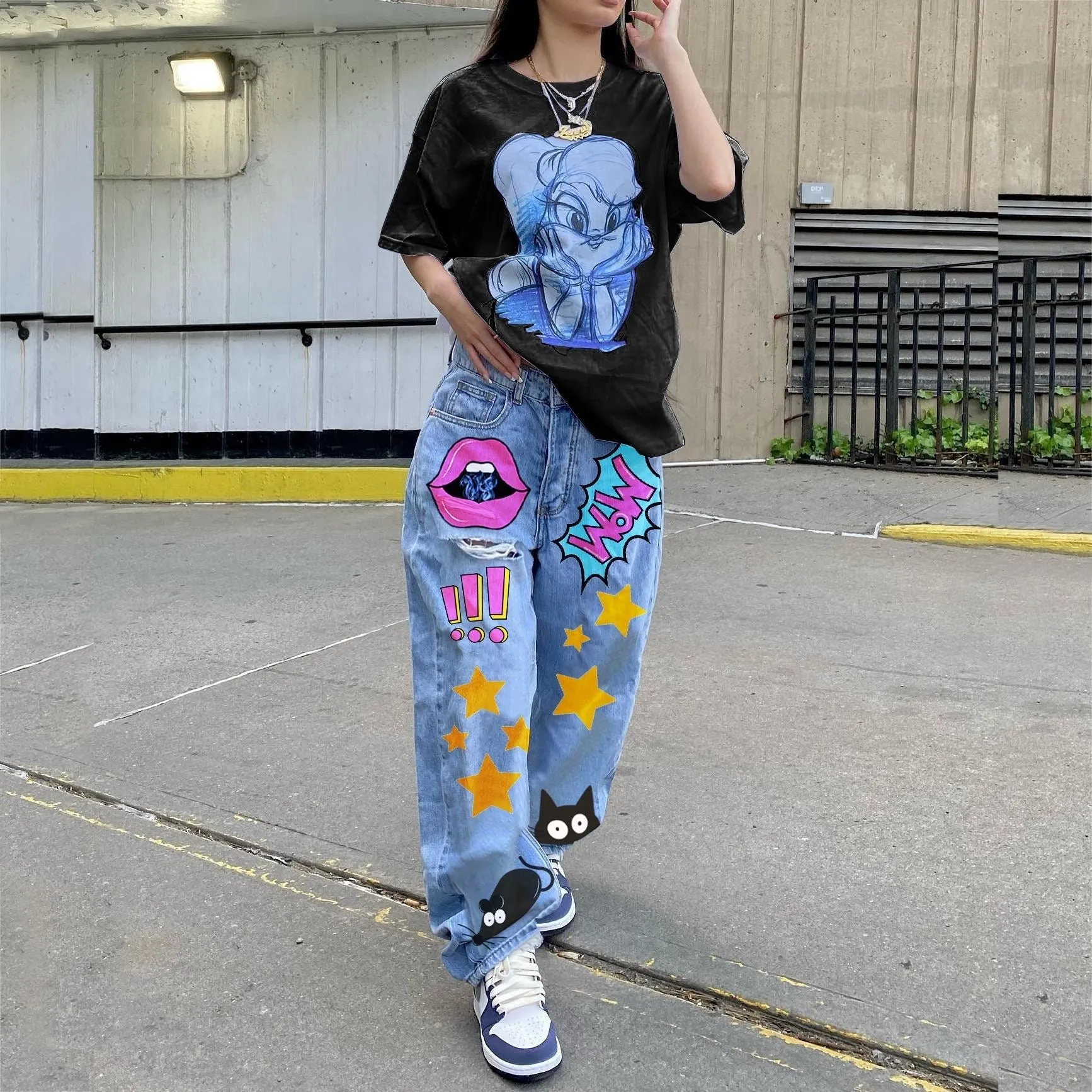 European and American Style Autumn New Fashion Women's Low-Rise Retro Print Slim Fit Straight-Leg Denim Pants
