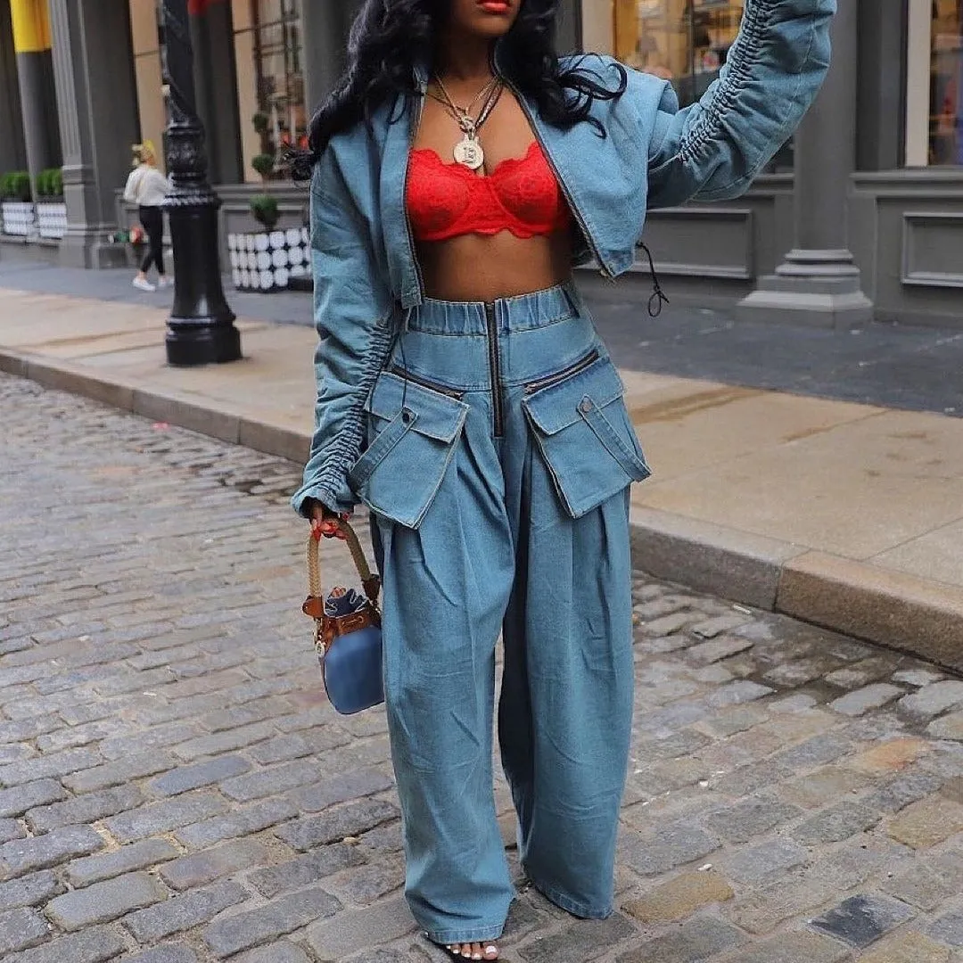 Flare Denim  two piece Jean Pants Set