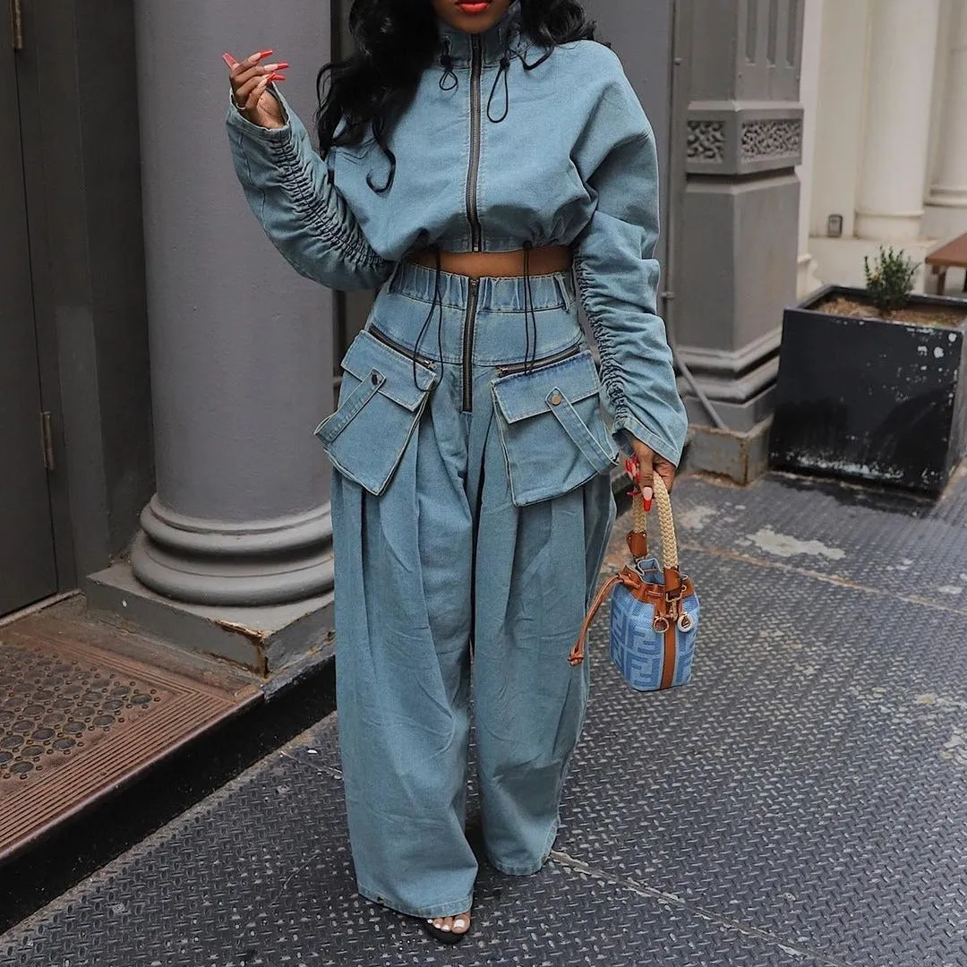 Flare Denim  two piece Jean Pants Set