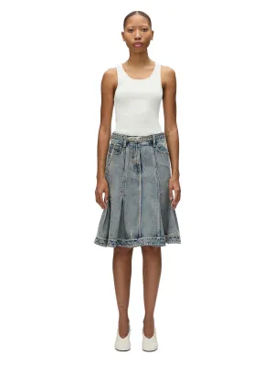 Flounce Hem Belted Denim Skirt (Washed Indigo)