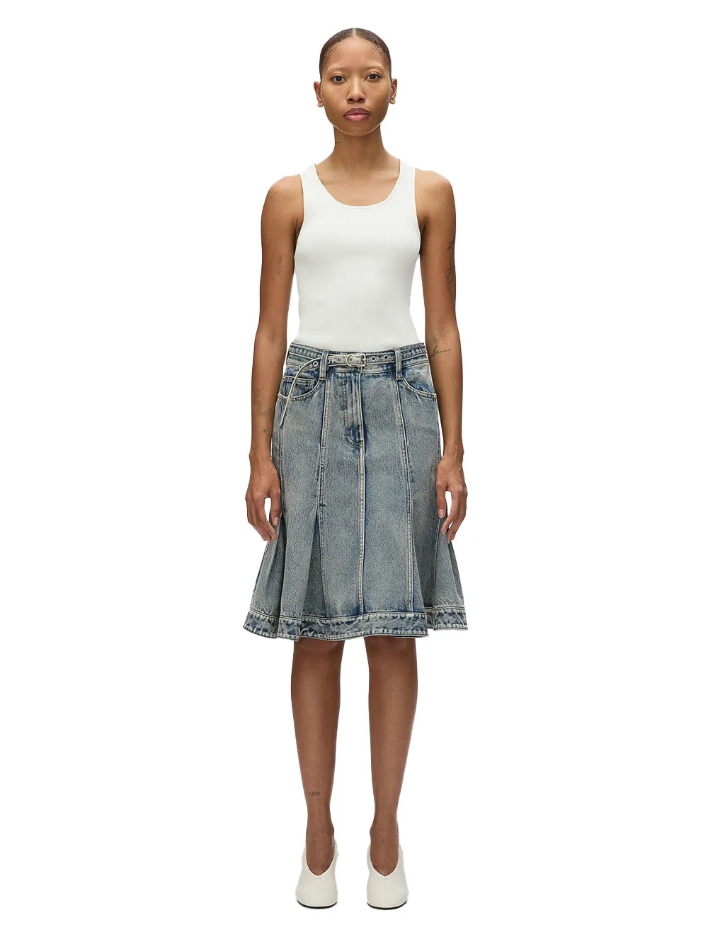 Flounce Hem Belted Denim Skirt (Washed Indigo)