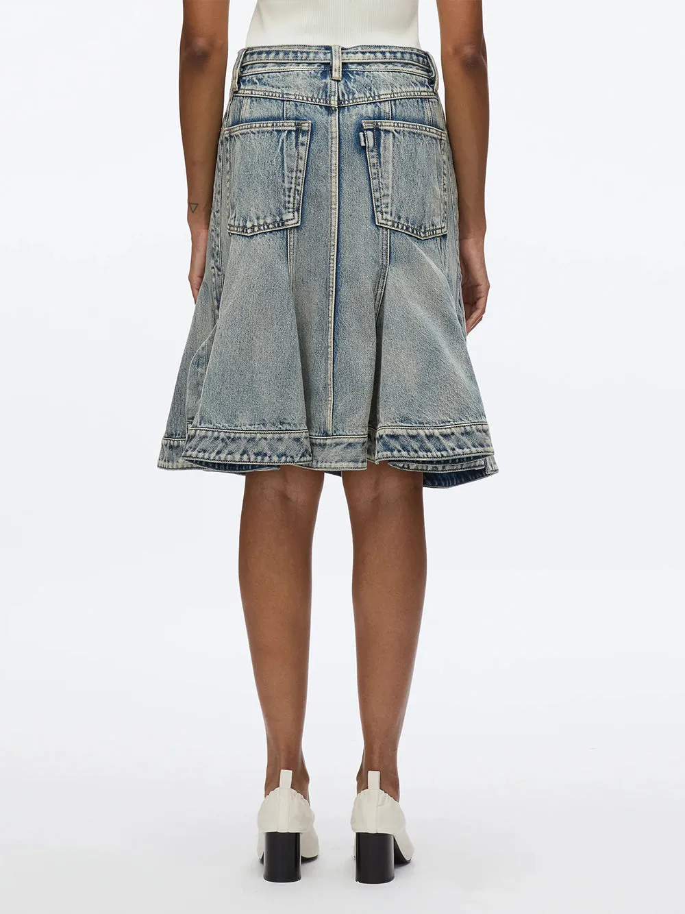 Flounce Hem Belted Denim Skirt (Washed Indigo)
