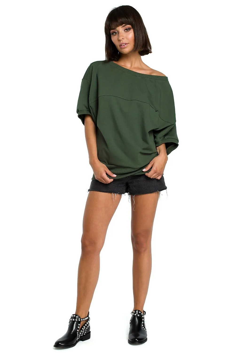 Green Stylish Wide Neck Short Sleeve Sweatshirt