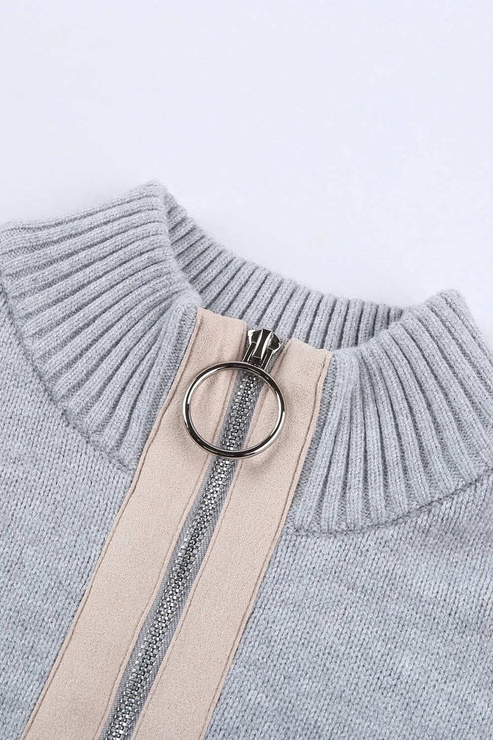 Grey High Neck Pocketed Cozy Sweater