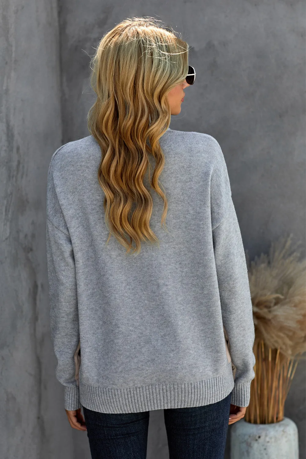 Grey High Neck Pocketed Cozy Sweater