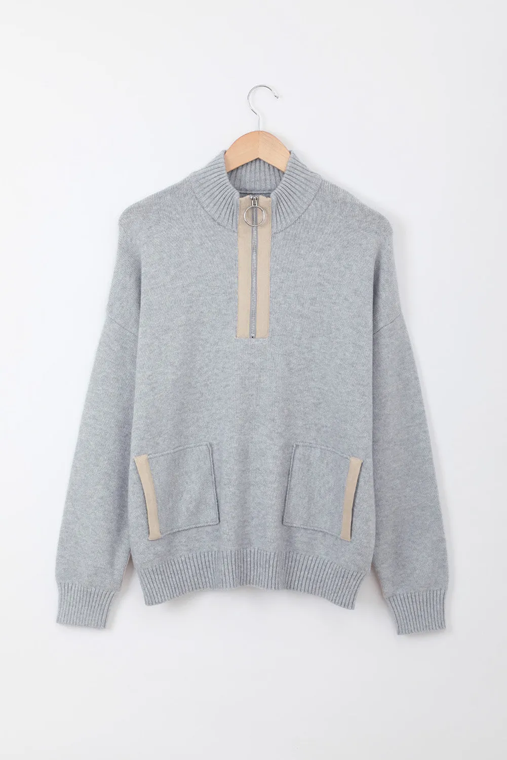 Grey High Neck Pocketed Cozy Sweater