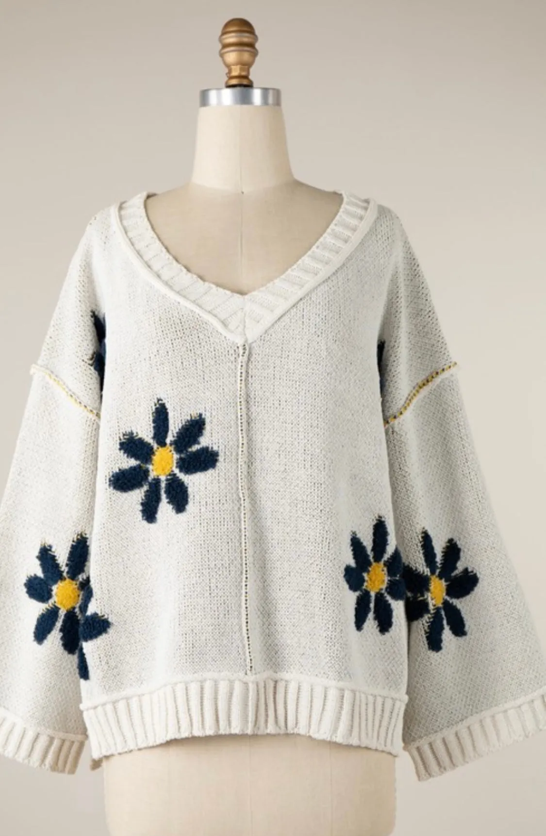 Ivory Blue Daisy Sweater