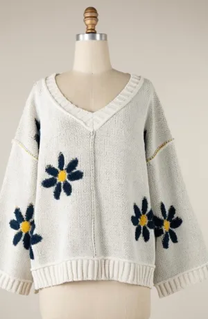 Ivory Blue Daisy Sweater