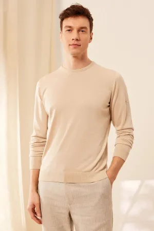 Light Beige Silk and Cashmere Round Collar Long Sleeve Utku Men's Knitwear