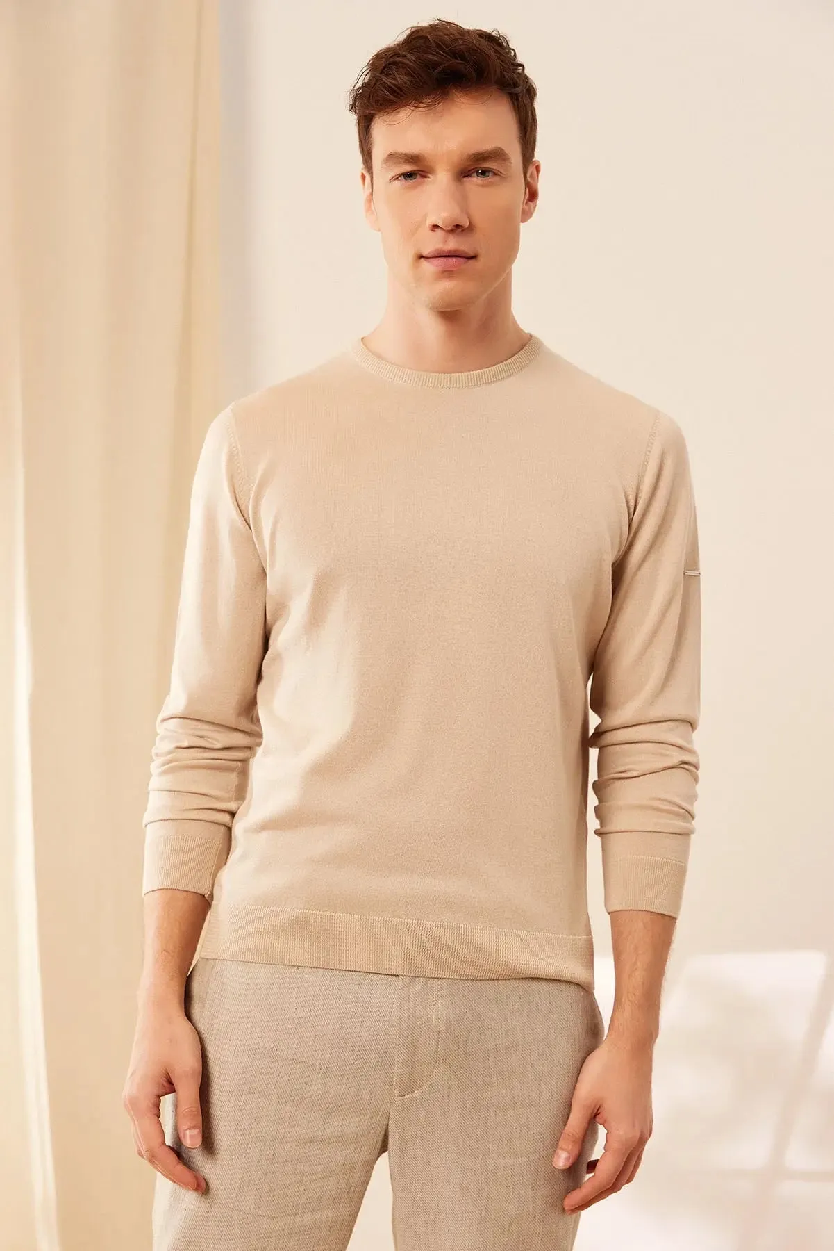 Light Beige Silk and Cashmere Round Collar Long Sleeve Utku Men's Knitwear