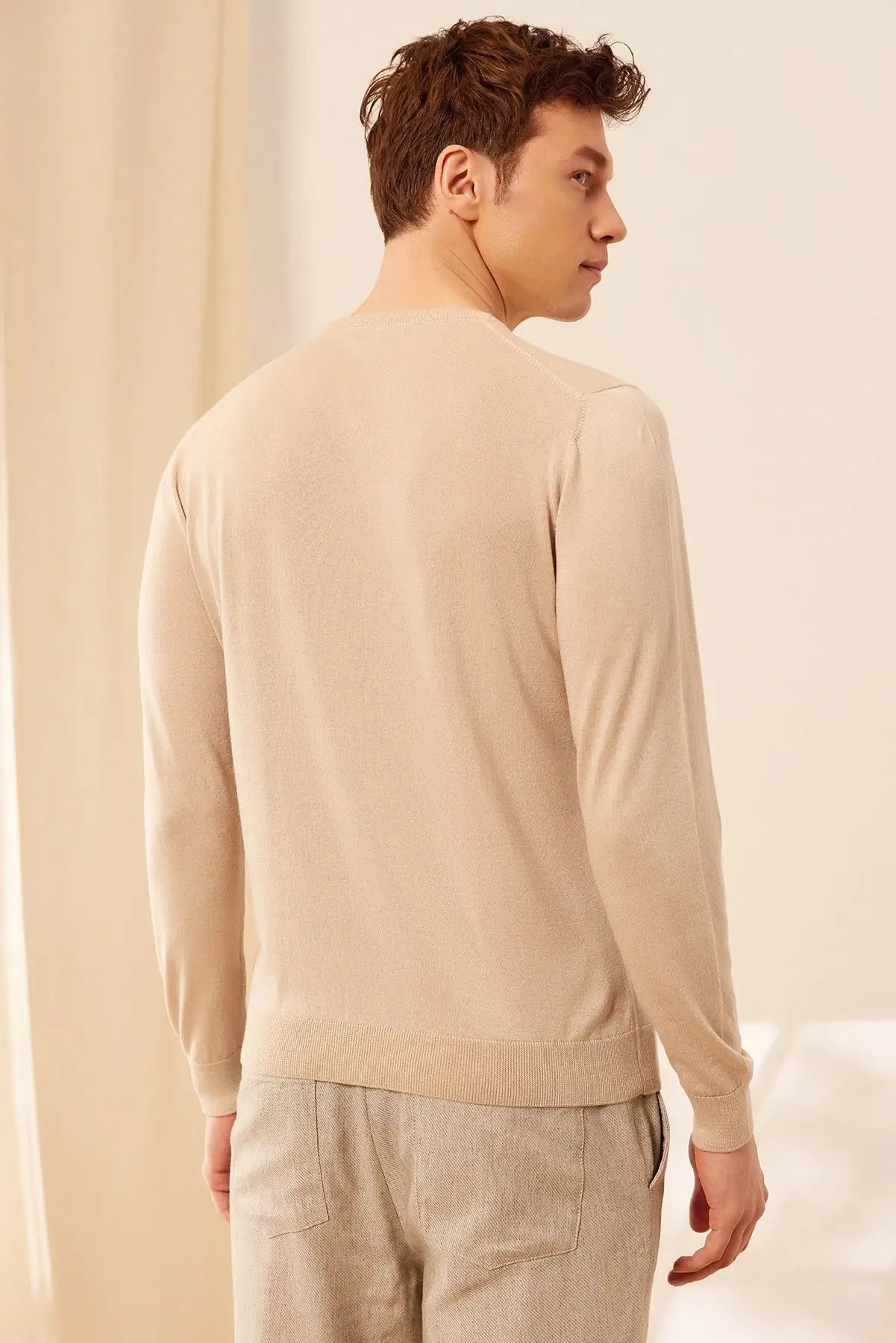 Light Beige Silk and Cashmere Round Collar Long Sleeve Utku Men's Knitwear