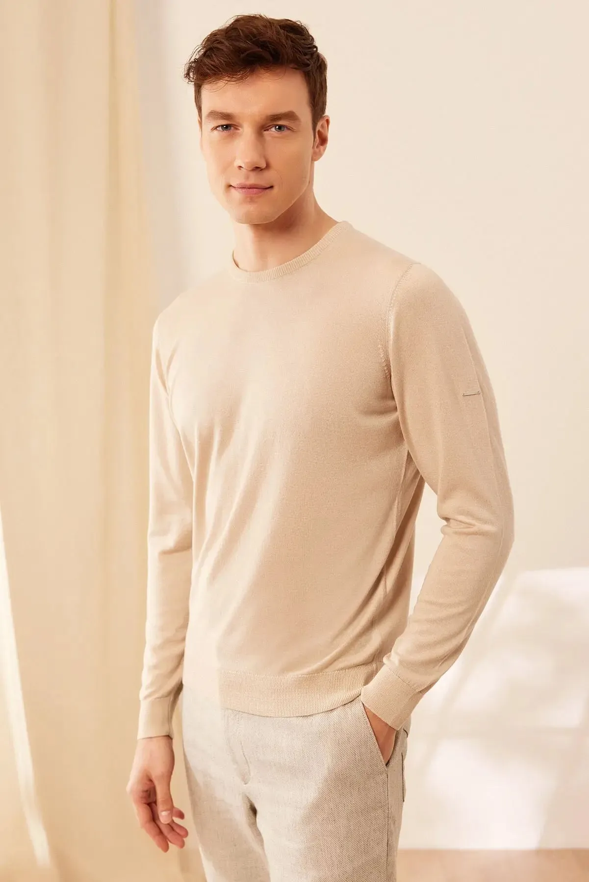 Light Beige Silk and Cashmere Round Collar Long Sleeve Utku Men's Knitwear