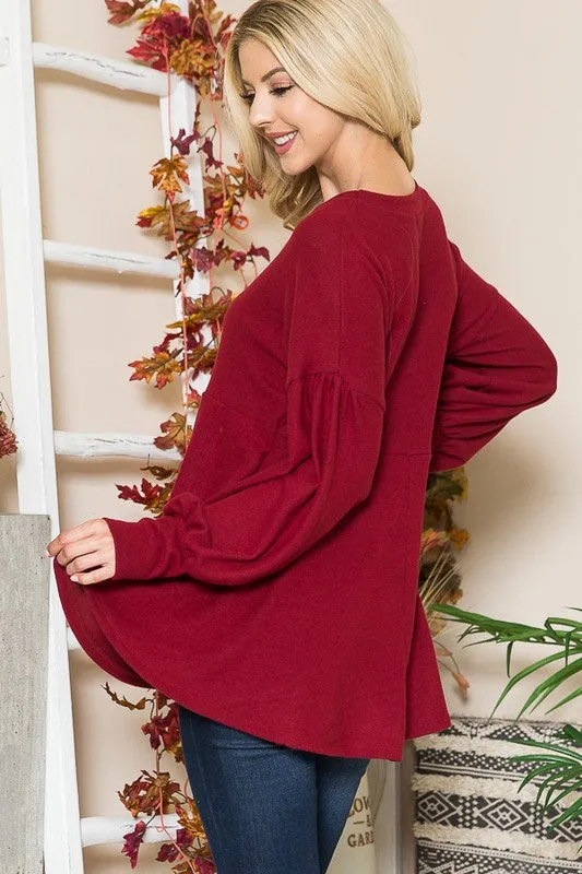 Long Sleeve Round Neck Soft Knit Babydoll Top