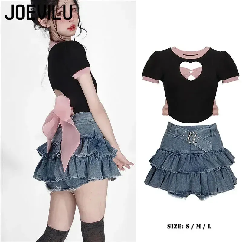 LVSANW Y2k Skirt Set Bow Tie Love Hollow Out Crop Top Denim Ruffled Pleated Skirt 2 Piece Sets Women Summer Sexy Backless Outfits Suit