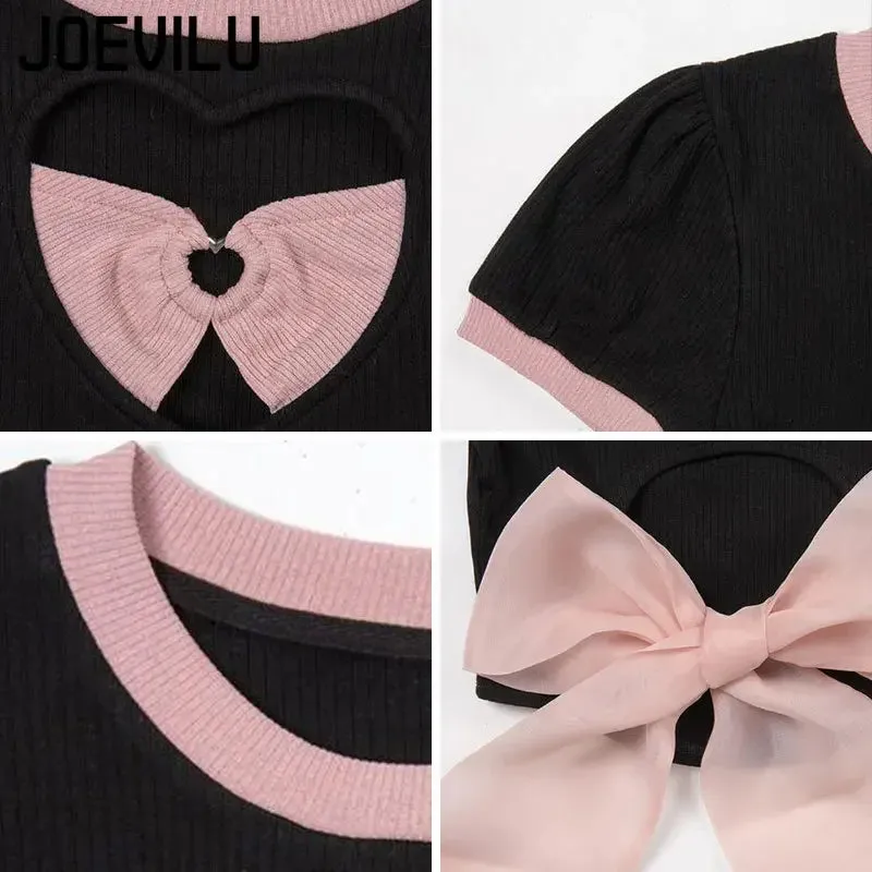 LVSANW Y2k Skirt Set Bow Tie Love Hollow Out Crop Top Denim Ruffled Pleated Skirt 2 Piece Sets Women Summer Sexy Backless Outfits Suit