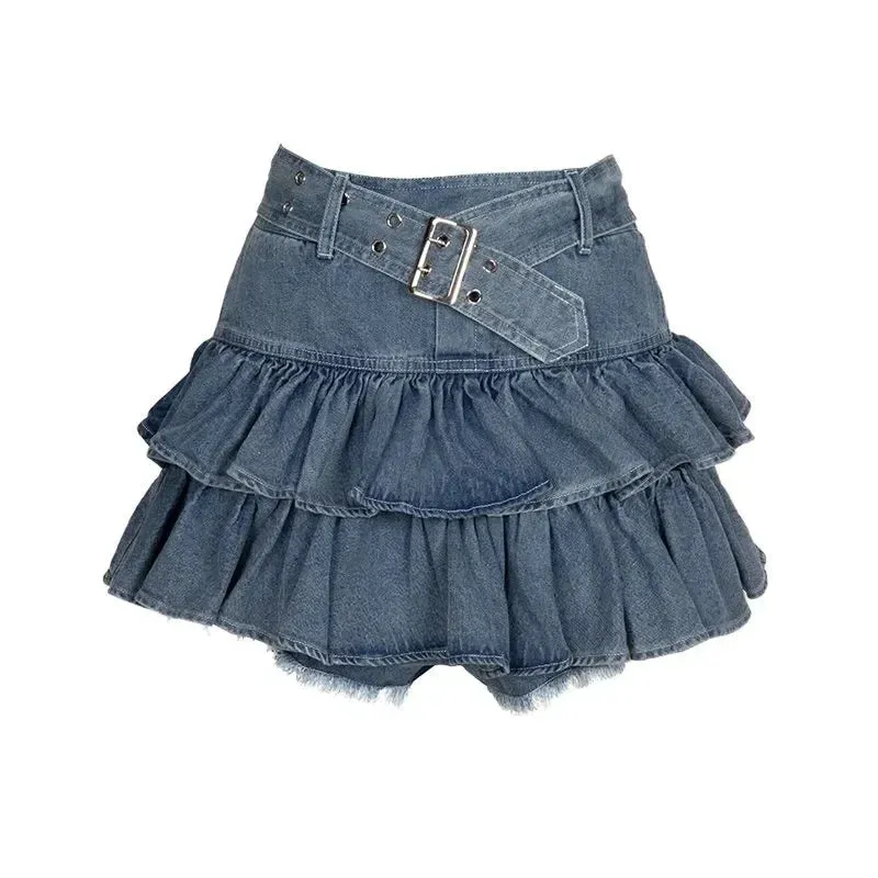 LVSANW Y2k Skirt Set Bow Tie Love Hollow Out Crop Top Denim Ruffled Pleated Skirt 2 Piece Sets Women Summer Sexy Backless Outfits Suit