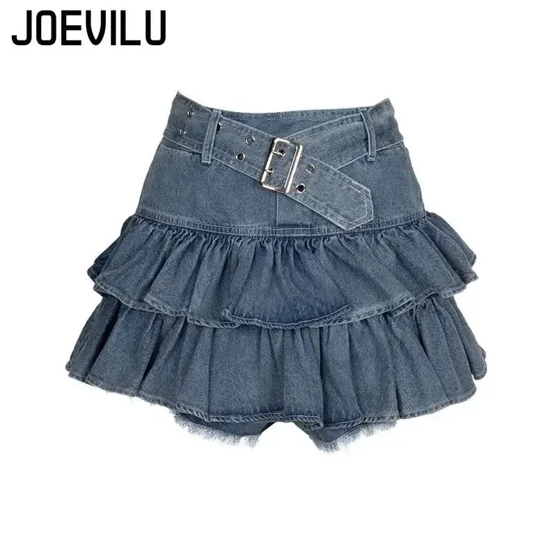 LVSANW Y2k Skirt Set Bow Tie Love Hollow Out Crop Top Denim Ruffled Pleated Skirt 2 Piece Sets Women Summer Sexy Backless Outfits Suit
