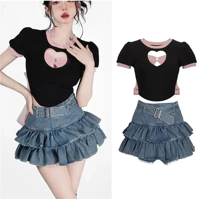 LVSANW Y2k Skirt Set Bow Tie Love Hollow Out Crop Top Denim Ruffled Pleated Skirt 2 Piece Sets Women Summer Sexy Backless Outfits Suit