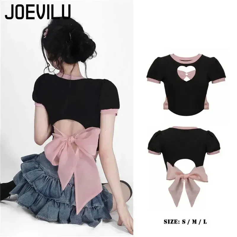 LVSANW Y2k Skirt Set Bow Tie Love Hollow Out Crop Top Denim Ruffled Pleated Skirt 2 Piece Sets Women Summer Sexy Backless Outfits Suit