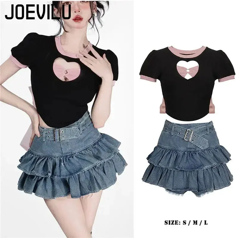 LVSANW Y2k Skirt Set Bow Tie Love Hollow Out Crop Top Denim Ruffled Pleated Skirt 2 Piece Sets Women Summer Sexy Backless Outfits Suit
