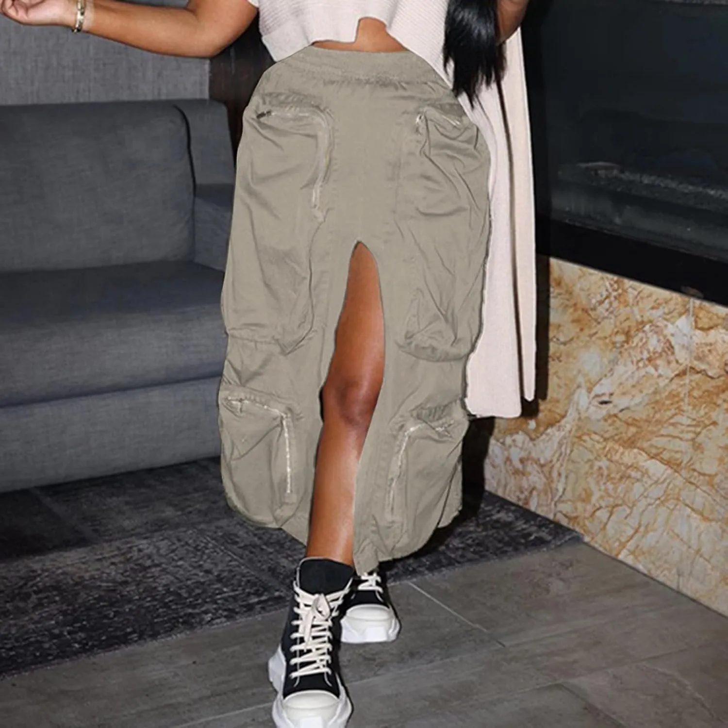 Mini Skirts for Women, Women Long Cargo Skirt Casual Drawstring Elastic Waist Bodycon Short Jean Skirt for Women