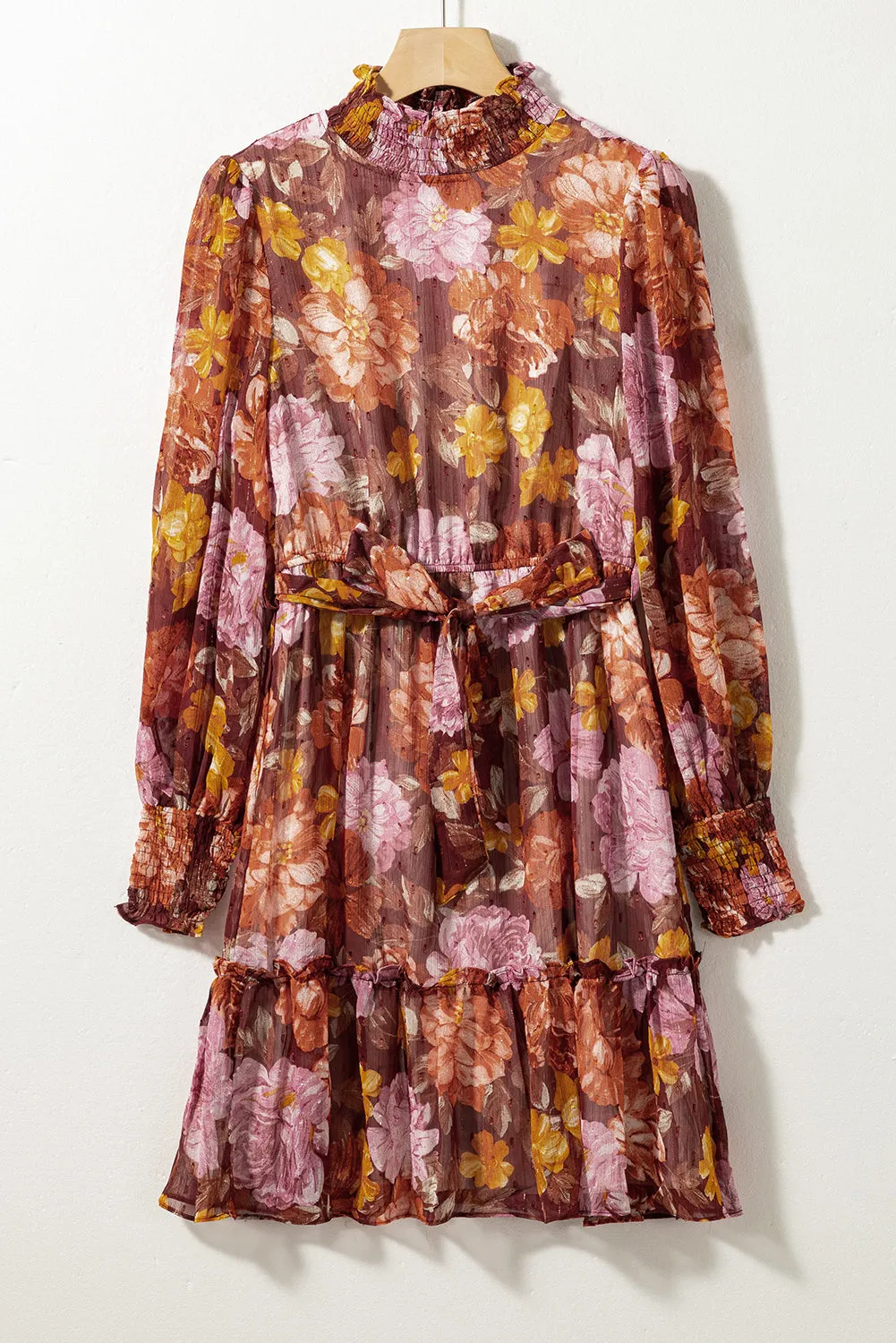 Multicolor Shirred High Neck Lace-up High Waist Floral Dress