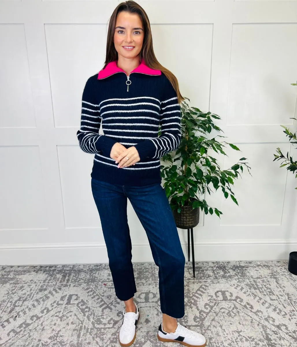 Navy Striped 1/4 Zip Contrast Collar Jumper